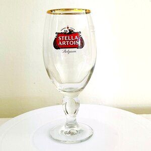 Stella Artois Beer Glass 8" Tall With Gold Rim Belgium Design For Collectors